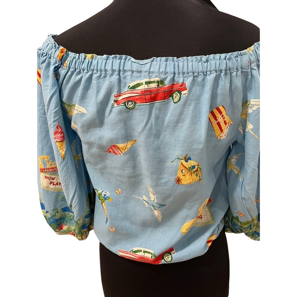 Christian Siriano New York Blue Retro Drive-In Print Off Shoulder Linen Top S - Picture 2 of 8